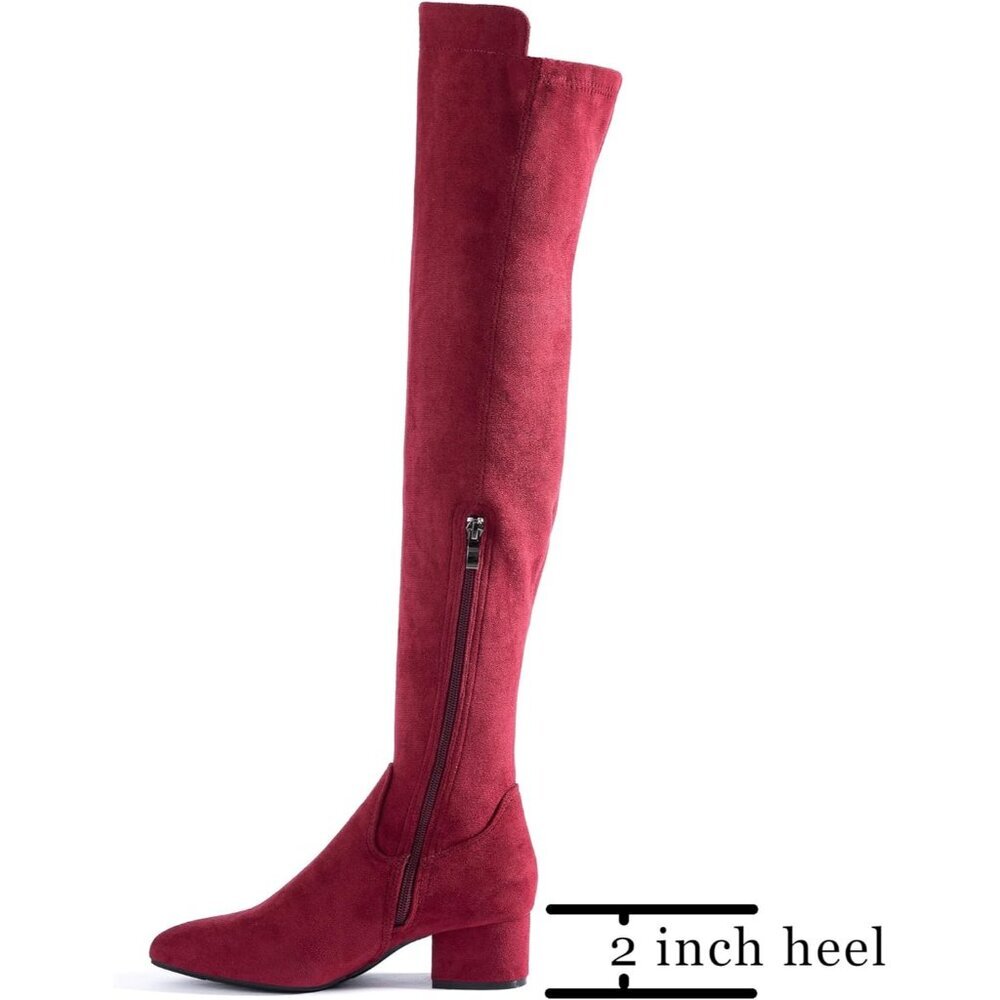 Women's Red Suede High Thigh Low Block Stylish Over-the-Knee Heel Boot - Picture 4 of 6